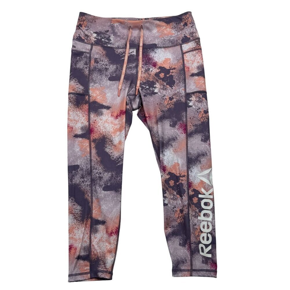 Reebok Capri Leggings Pockets Drawstring Splatter Print Mulled Grape Womens L